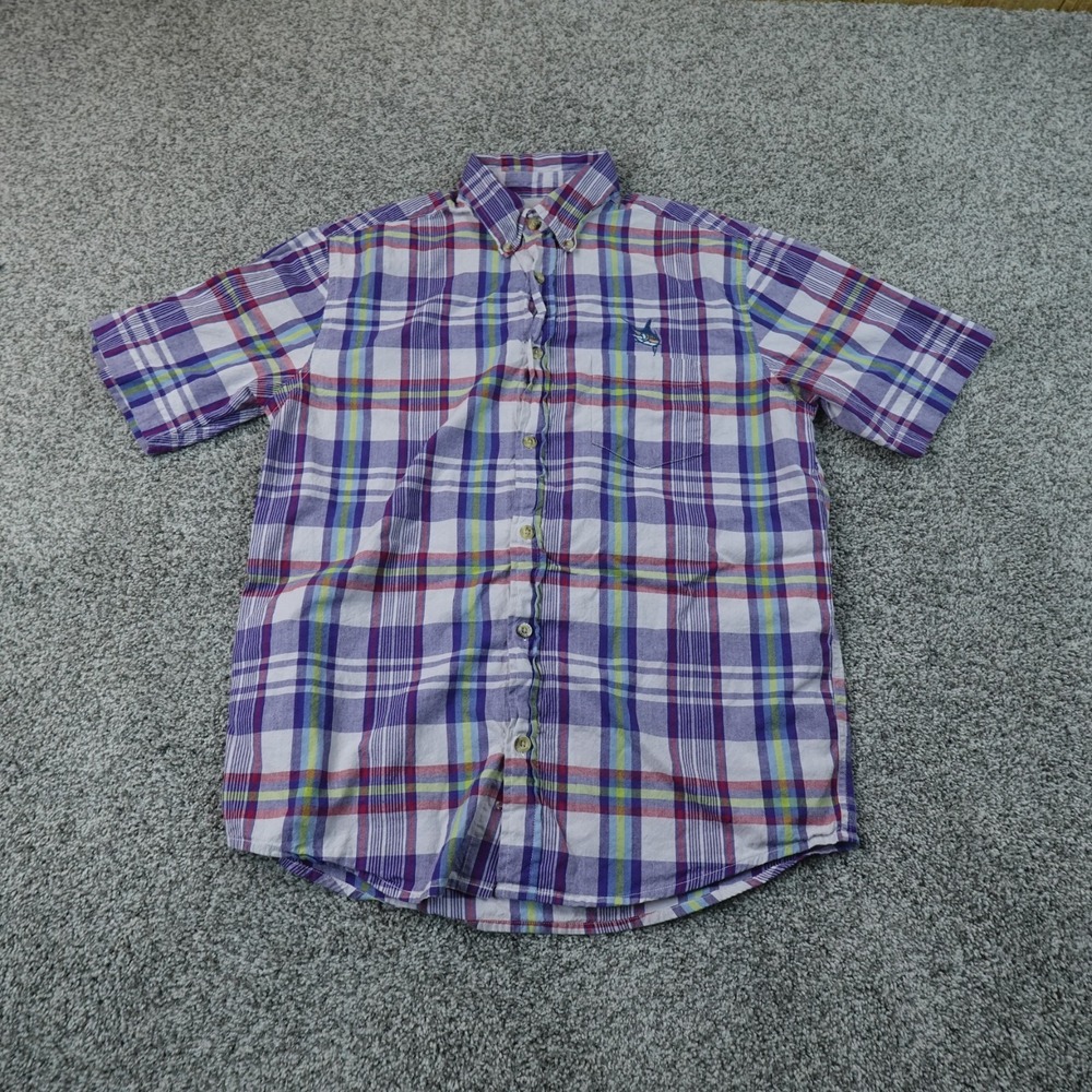 Guy Harvey Shirt Mens M Blue Red Madras Plaid Fishing Button Up Marlin Logo Top